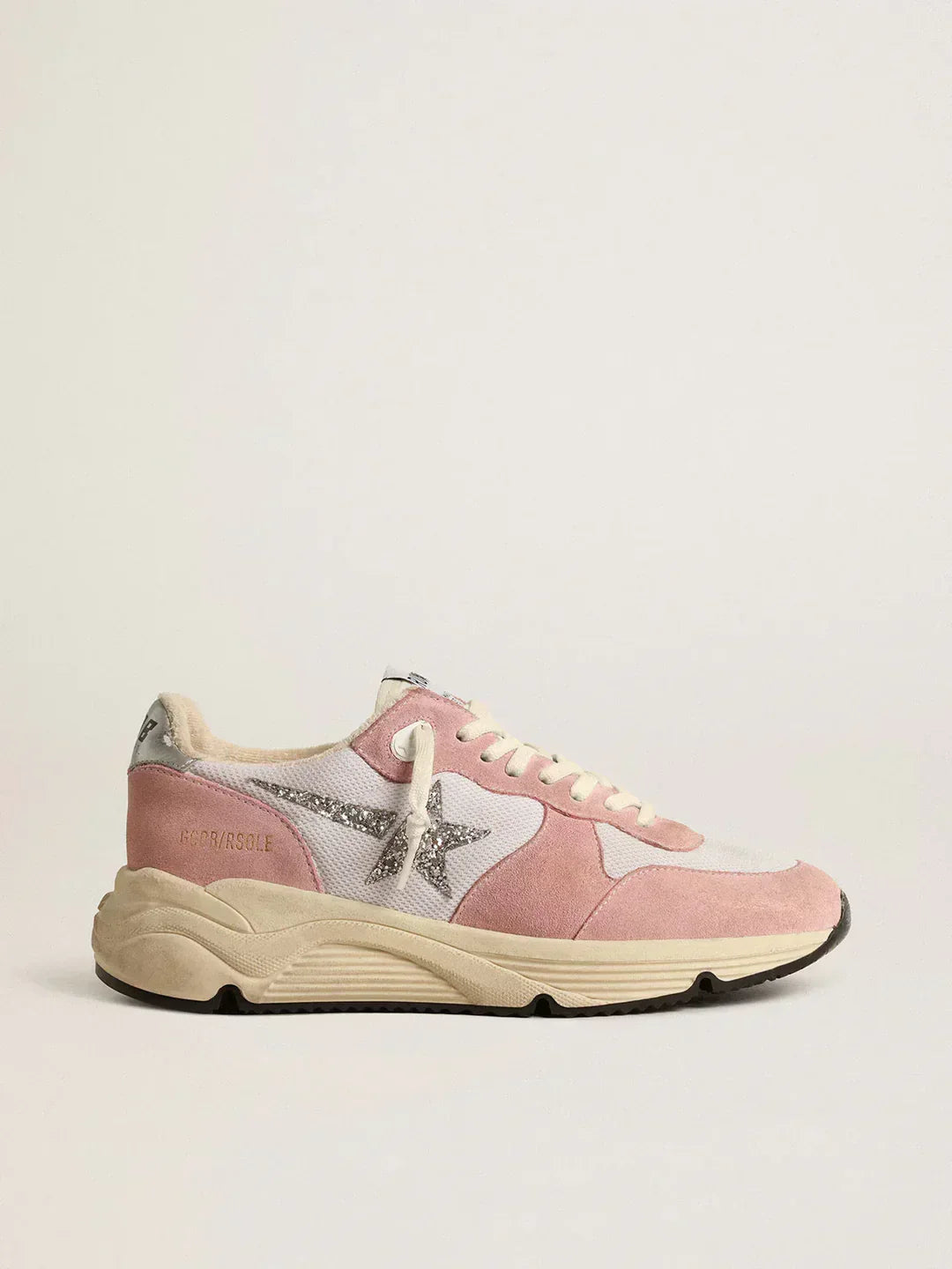 Running Sole pour femme en résille grise et daim avec étoile à paillettes argentées
