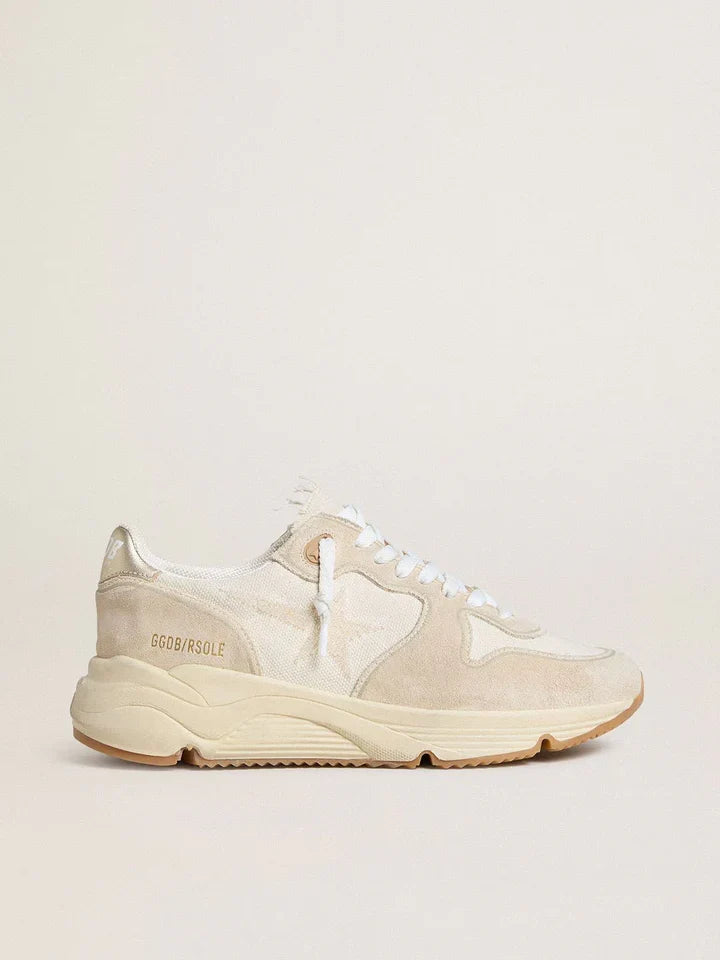 Running Sole pour femme en toile avec étoile beige et contrefort en cuir lamé platine