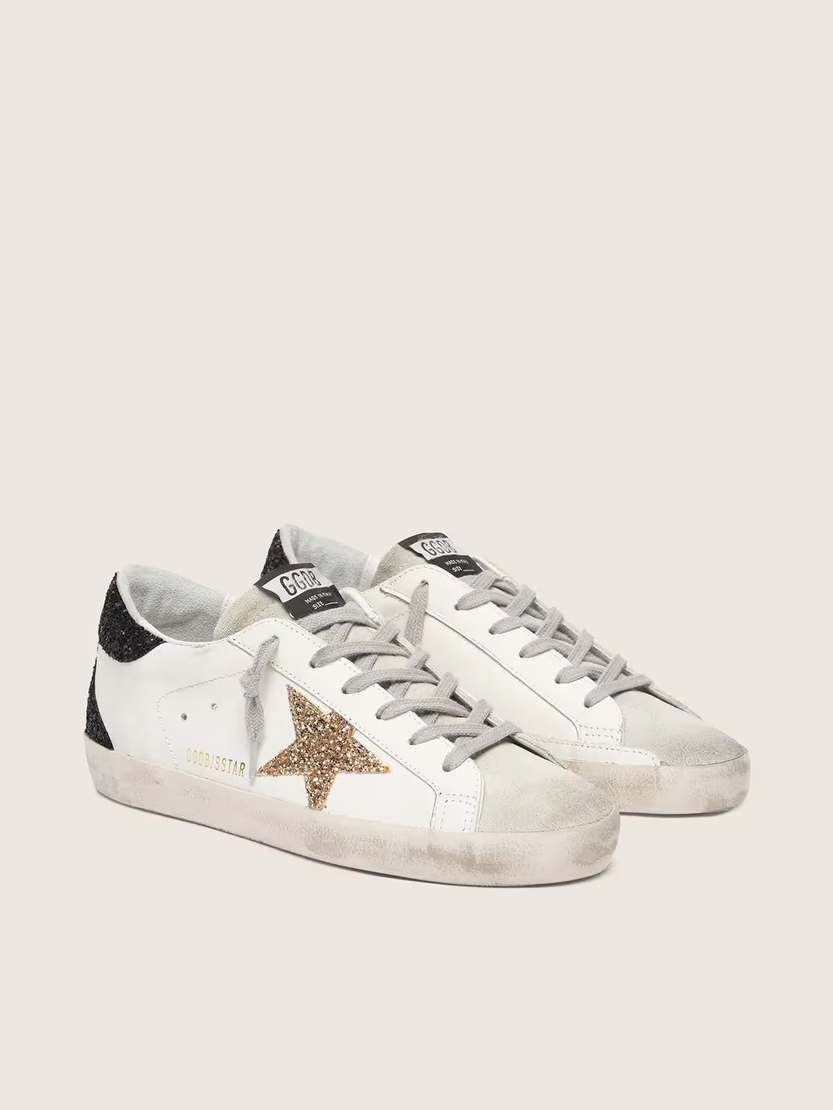 Super-Star femme en cuir nappa avec étoile à paillettes dorées et contrefort à paillettes noires